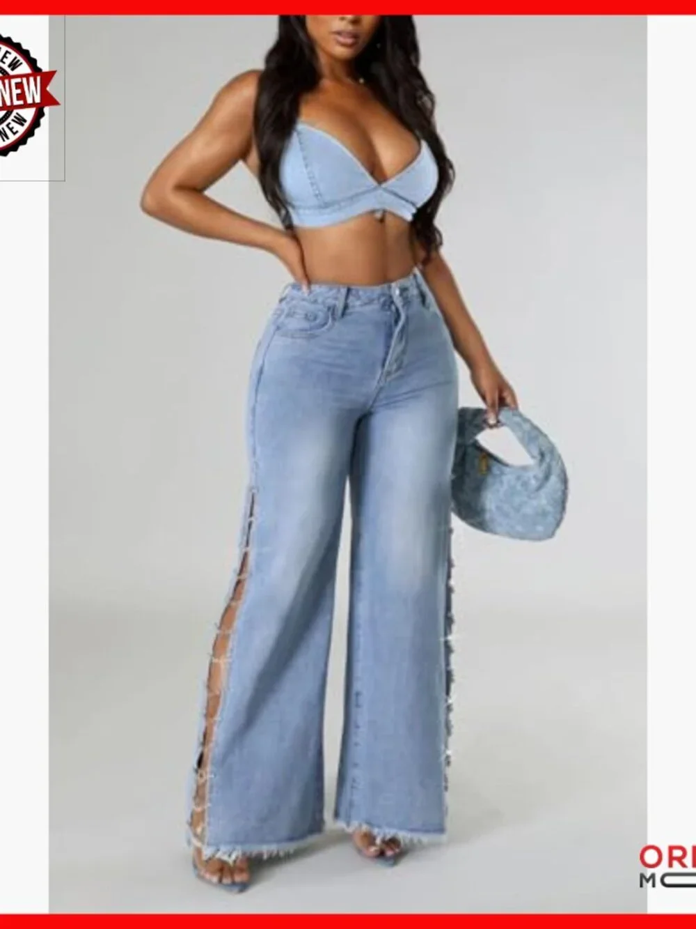 High Waist Rhinestone Jeans Diamond Lace Up Hollow Out Split Denim Pants Fringe